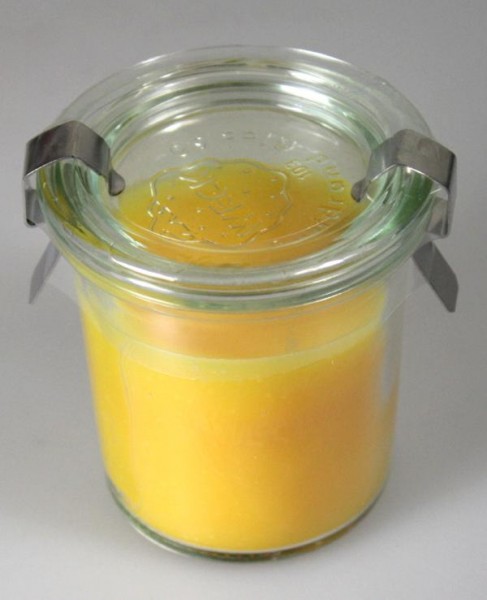Candles in glass colored 3 colors orange, green, yellow