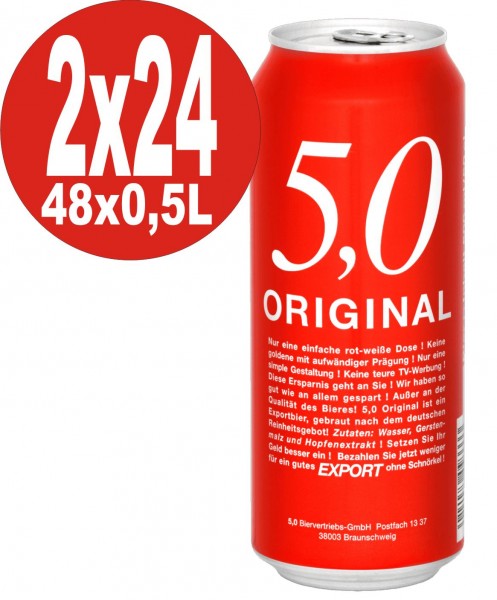 2 x 24x0.5L cans 5.0 Original Export 5.2% Vol canned beer disposable