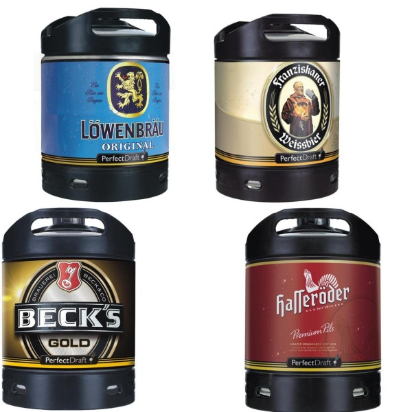 4x beer keg Perfect Draft Different varieties 6 liters Loewenbraeu, Hasseroeder, Franziskaner , Becks Gold