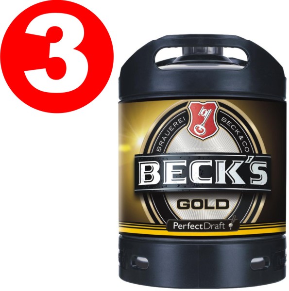 3 x Becks Gold beer Perfect Draft Gold 6 liter keg 4.9% vol.