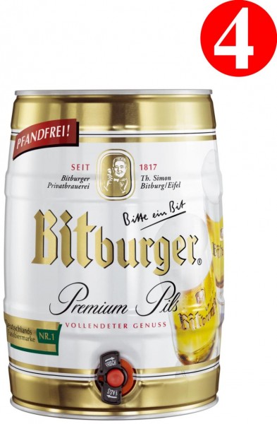 4x Bitburger premium PILS party keg 5 litre