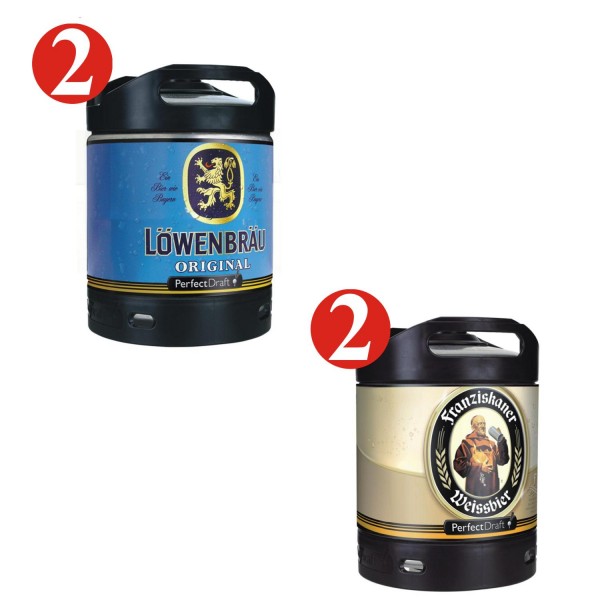 2 x Loewenbraeu Original 2 x Franziskaner Perfect Draft beer 6 liter barrels 5.2% and 5.0% vol