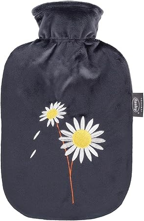 Fashy 67459 21 hot water bottle with fleece cover and embroidery flowers 2.0L, black