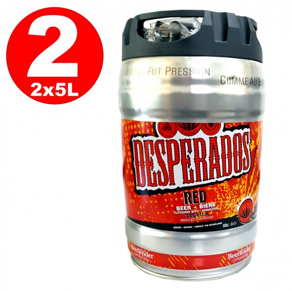 2 x Desperados red beer with tequila, guarana, cachaca, party barrel 5 liter barrel incl. Tap 5.9% vol.