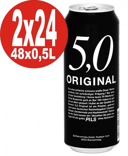 2 x 24x0.5L cans of 5.0 Original Pils 5% Vol canned beer disposable