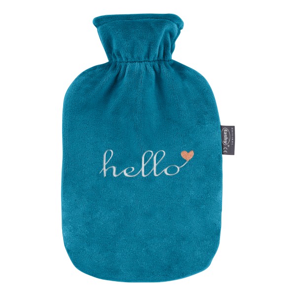 fashy 67398_34 hot water bottle with fleece cover, Petrol, embroidered with lettering - 2 litres