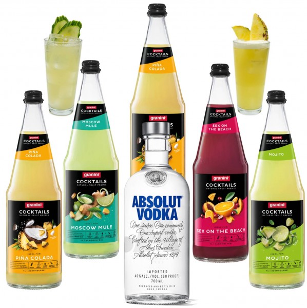 granini vodka cocktail Premix 5 x 1l glass bottles and 1 x Absolut Vodka 0,7l bottle 40 % vol.