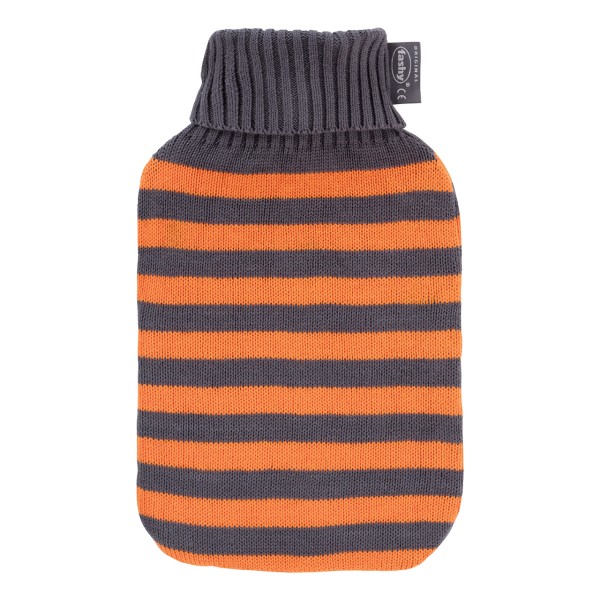 fashy 67395_34 hot-water bottle with turtleneck striped knit cover, grey-brown - 2 litres