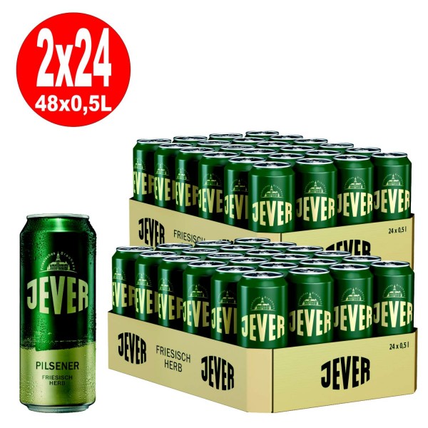 2 x Jever Pilsener 24 x 0.5L = 48 cans 4.9% vol incl. One-way deposit